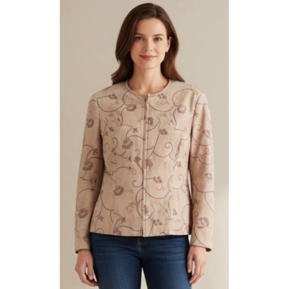 Vintage Escada Suede Jacket Women's 4 38 Tan Floral Print Embroidered *flaws